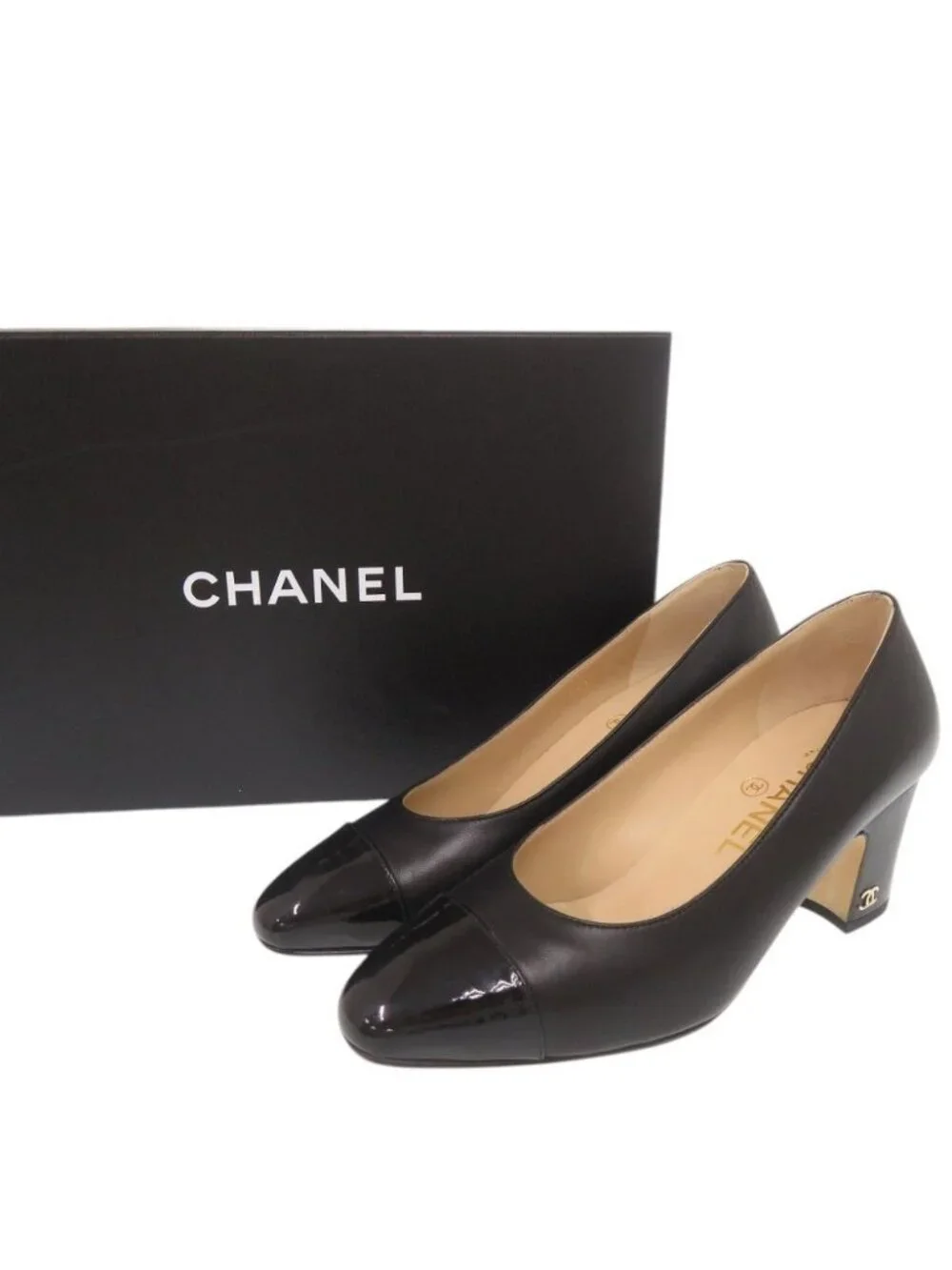 Chanel CC Logo 35c Leather Patent Black Pumps Heel